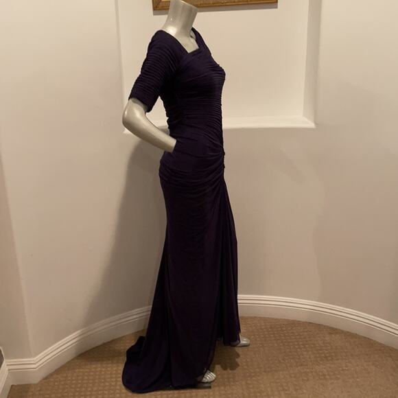Tadashi Shoji Navy Asymmetrical Ruched Sleeve Gown - Picture 8 of 13